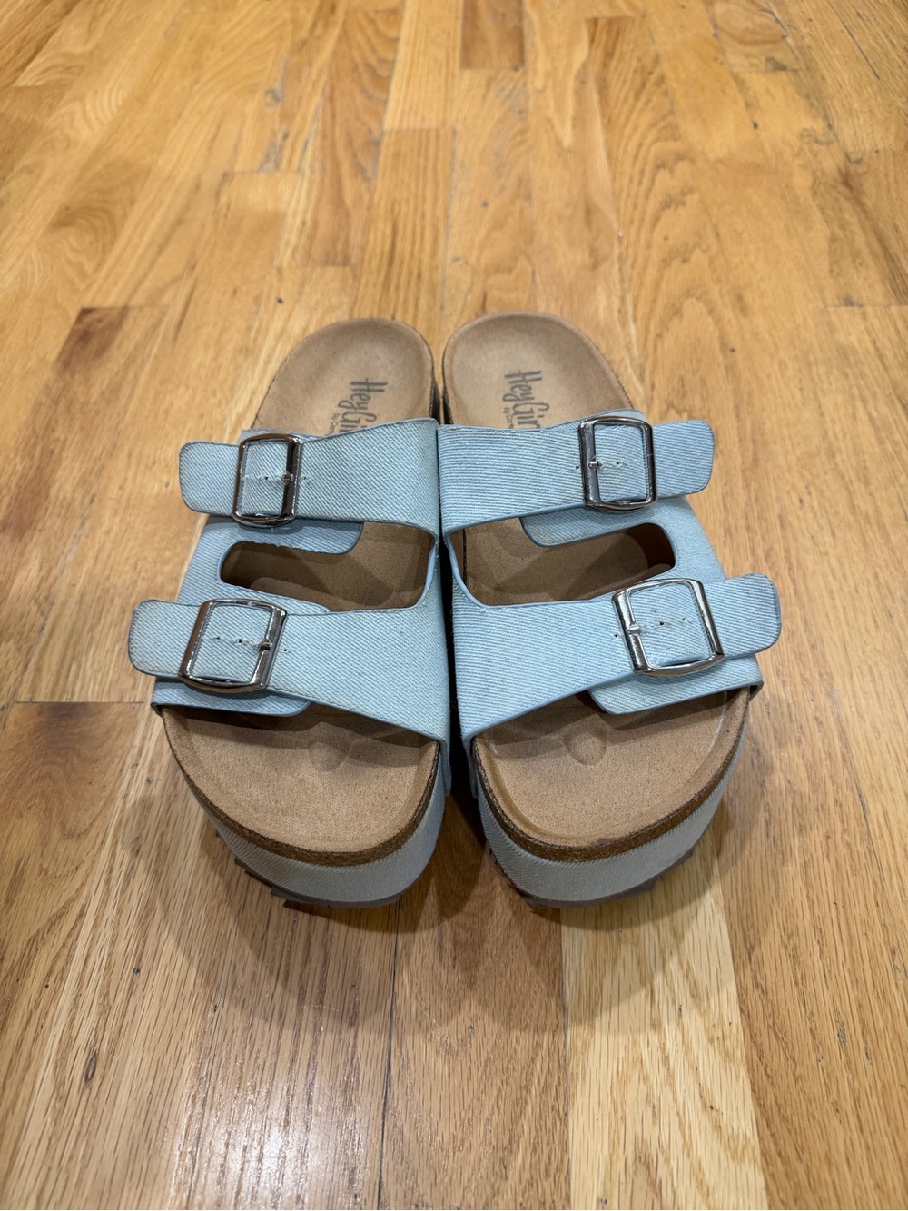Corkys Hey Girl Light Blue Denim Double-Buckle Slide Sandals